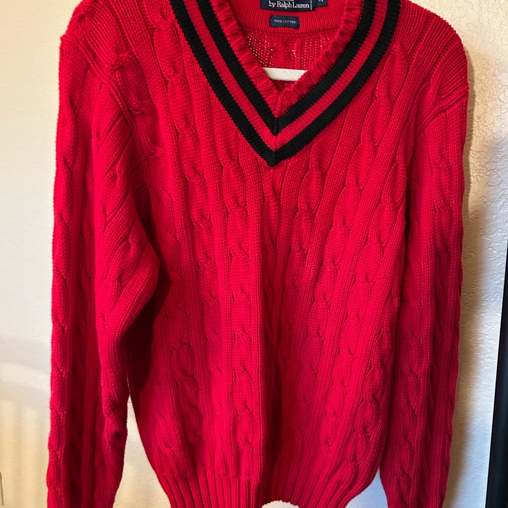 Ralph Lauren Polo Red and Black V-Neck Sweater / Vintage - Picture 2 of 4
